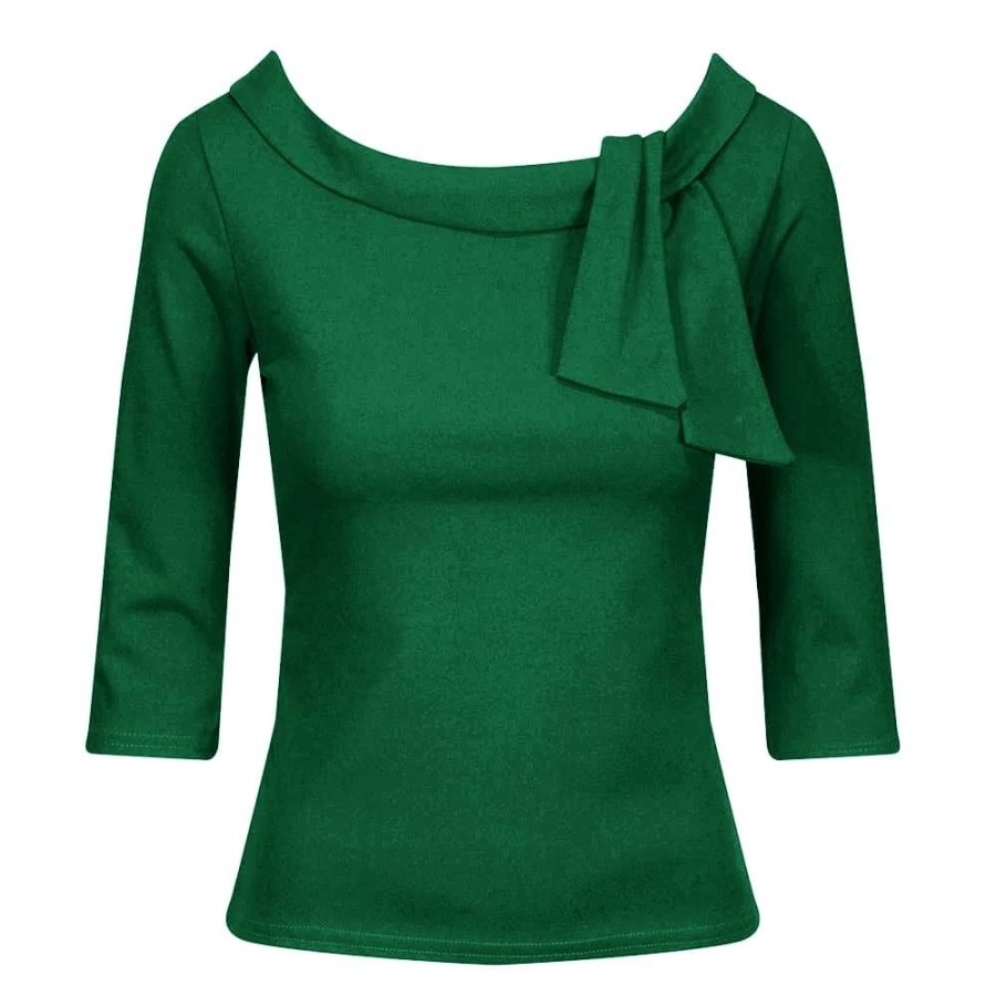 Pretty Kitty Fashion Vintage Emerald 3/4 Sleeve Tie Neck Top | Tops