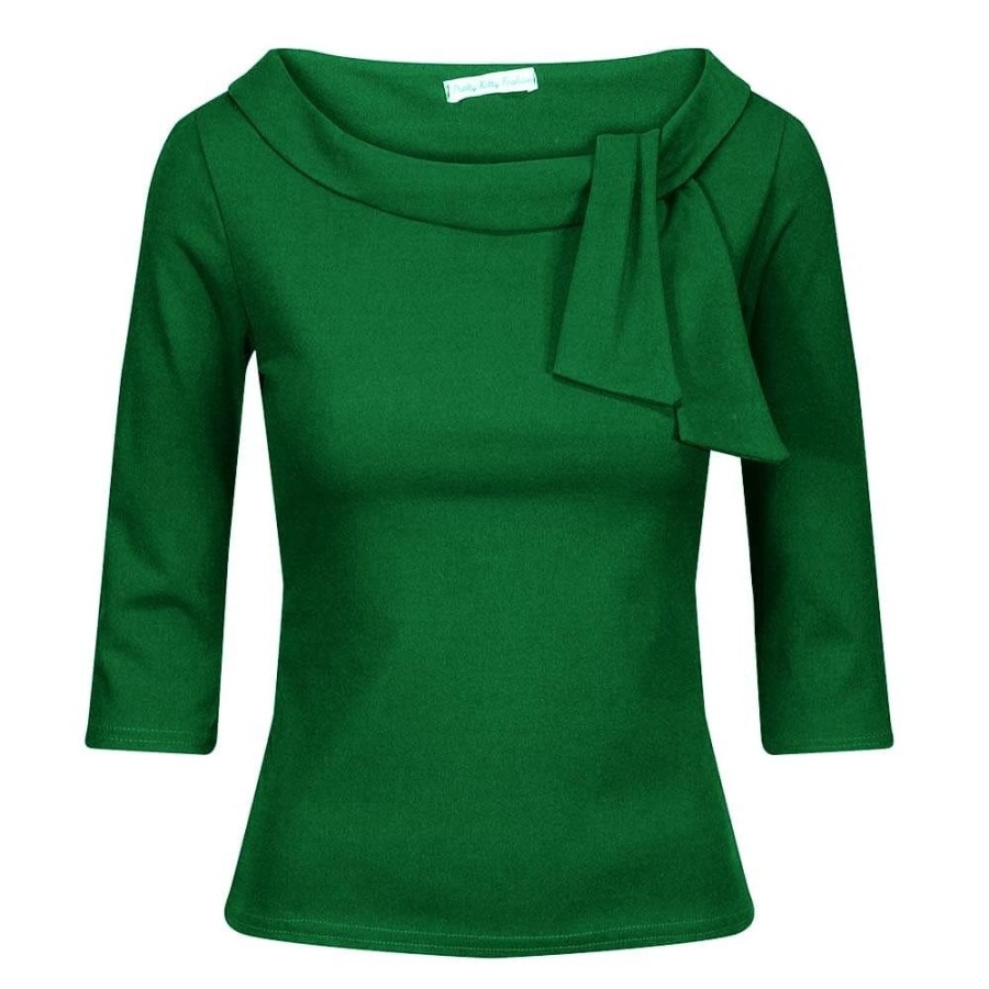 Pretty Kitty Fashion Vintage Emerald 3/4 Sleeve Tie Neck Top | Tops