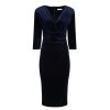 Pretty Kitty Fashion Blue Velour Deep V 3/4 Sleeve Bodycon Ruched Waist Wiggle Dress | Wiggle Dresses