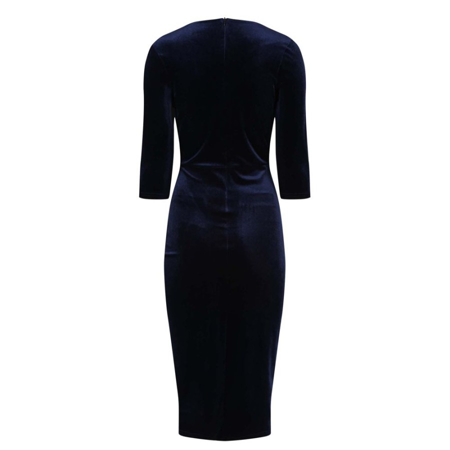 Pretty Kitty Fashion Blue Velour Deep V 3/4 Sleeve Bodycon Ruched Waist Wiggle Dress | Wiggle Dresses