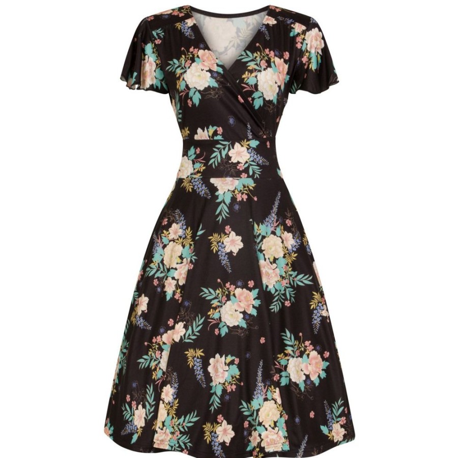 Pretty Kitty Fashion Floral Print Cap Sleeve Wrap Top Empire Waist Swing Dress | 50S Swing Dresses