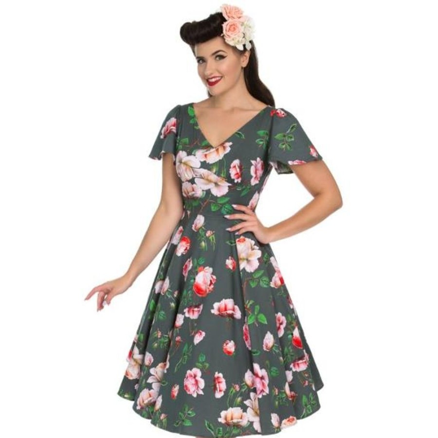 Pretty Kitty Fashion Sage Floral Print Cap Sleeve Rockabilly 50S Swing Tea Dress | 50S Swing Dresses