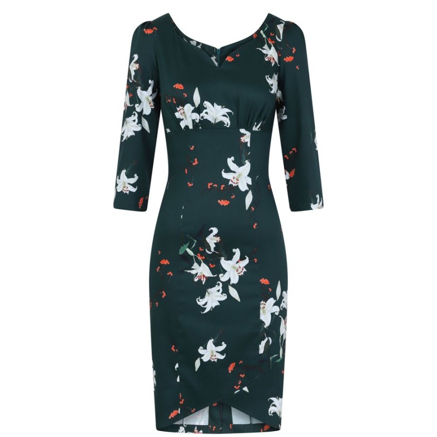 Pretty Kitty Fashion Dark Floral Print 3/4 Sleeve Empire Waist Pencil Wiggle Dress | Floral Dresses