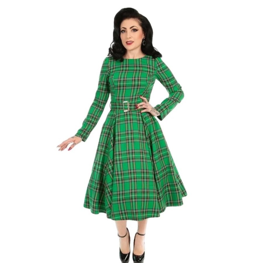 Hell Bunny Tartan Long Sleeve Burns Night & Rockabilly Style Swing Dress | 50S Swing Dresses