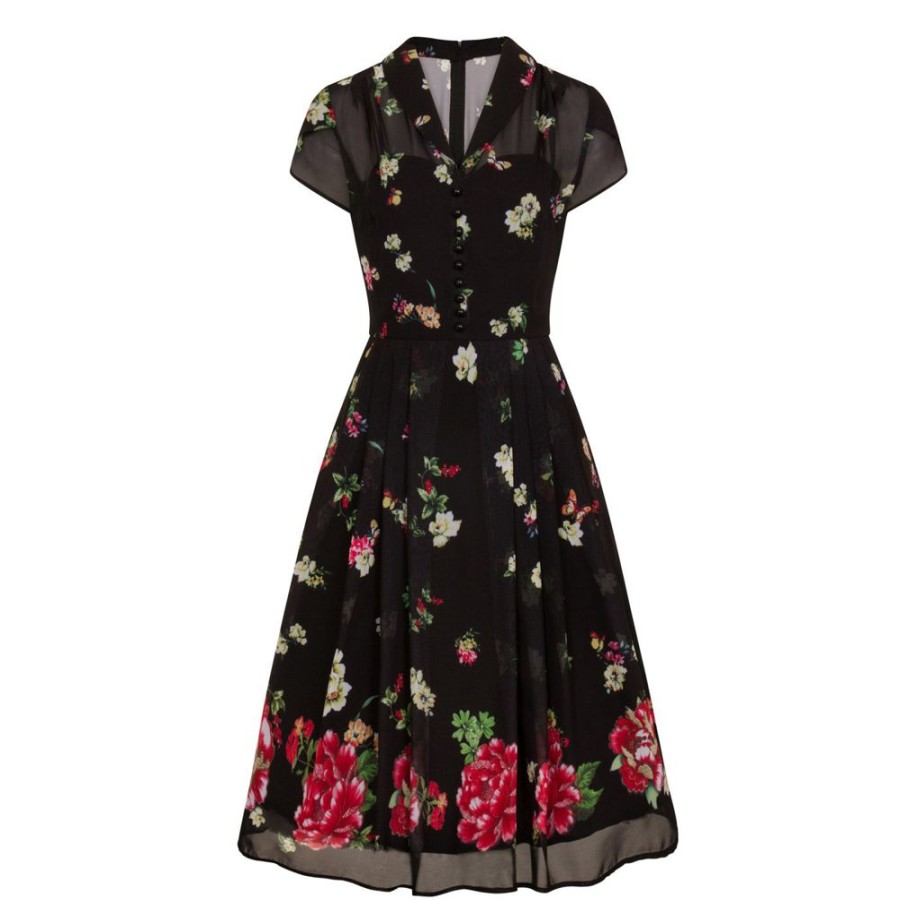 Pretty Kitty Fashion Floral And Butterfly Print Chiffon Overlay Retro 40S Tea Dress | Floral Dresses