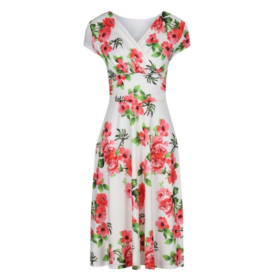 Pretty Kitty Fashion Floral Print Capped Sleeve Wrap Effect Tea Dress | Floral Dresses