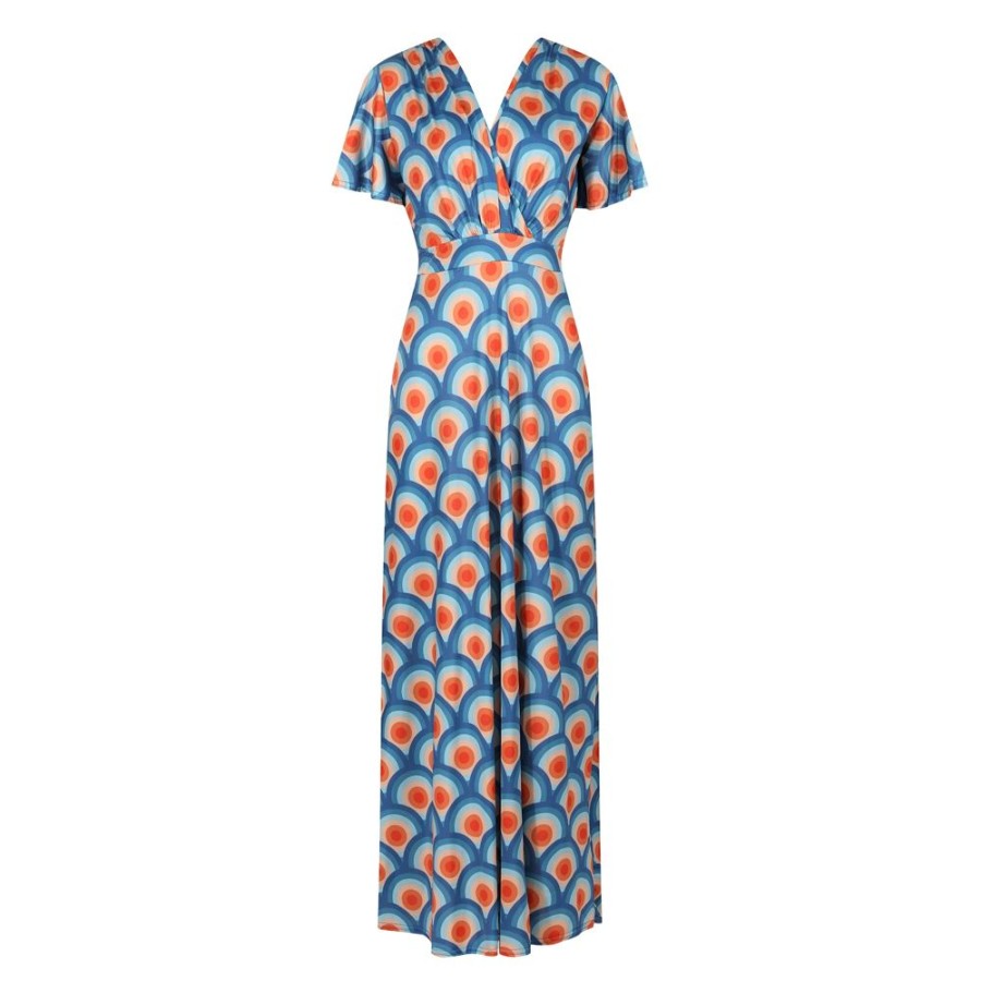 Pretty Kitty Fashion Blue Geometric Print Waterfall Sleeve Wrapover Maxi Dress | Floral Dresses