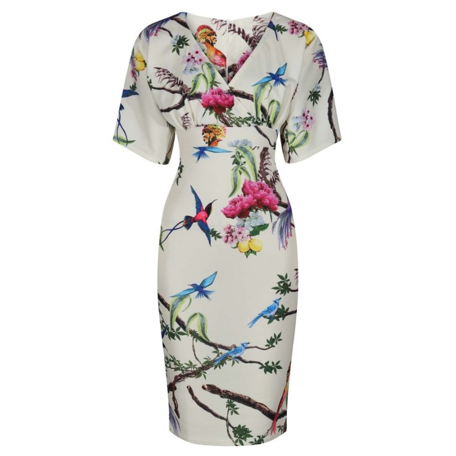 Pretty Kitty Fashion Pale Floral Bird Half Batwing Sleeve Crossover Top Pencil Dress | Party Dresses