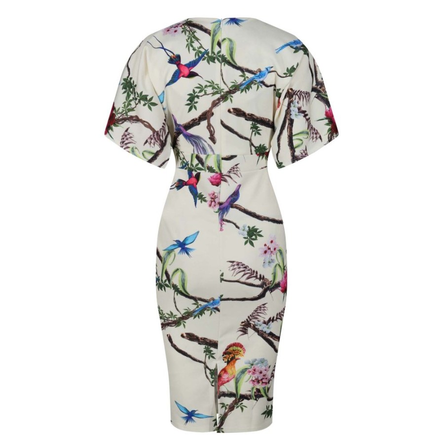 Pretty Kitty Fashion Pale Floral Bird Half Batwing Sleeve Crossover Top Pencil Dress | Party Dresses