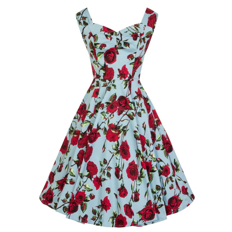 Pretty Kitty Fashion Sky Blue And Red Rose Floral Print Rockabilly 50S Swing Dress | Prom Dresses