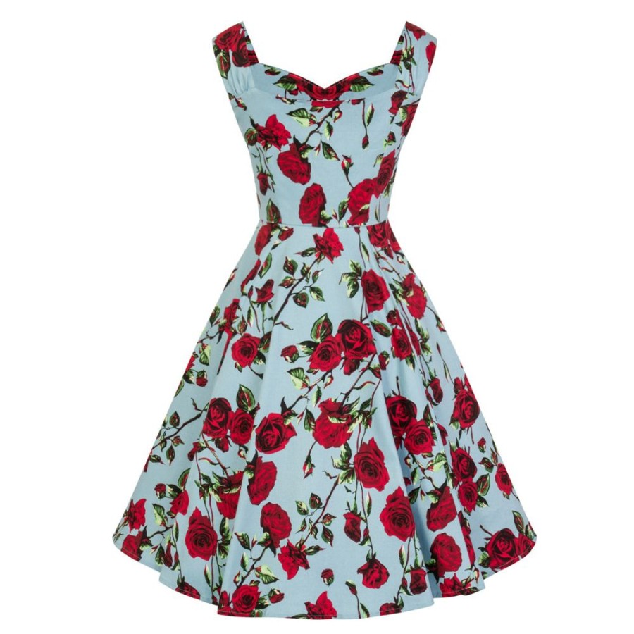 Pretty Kitty Fashion Sky Blue And Red Rose Floral Print Rockabilly 50S Swing Dress | Prom Dresses