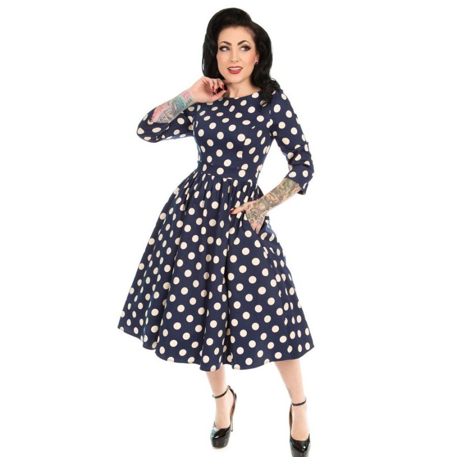 Pretty Kitty Fashion And Cream Polka Dot Vintage 50S 3/4 Sleeve Swing Tea Dress | Polka Dot Dresses