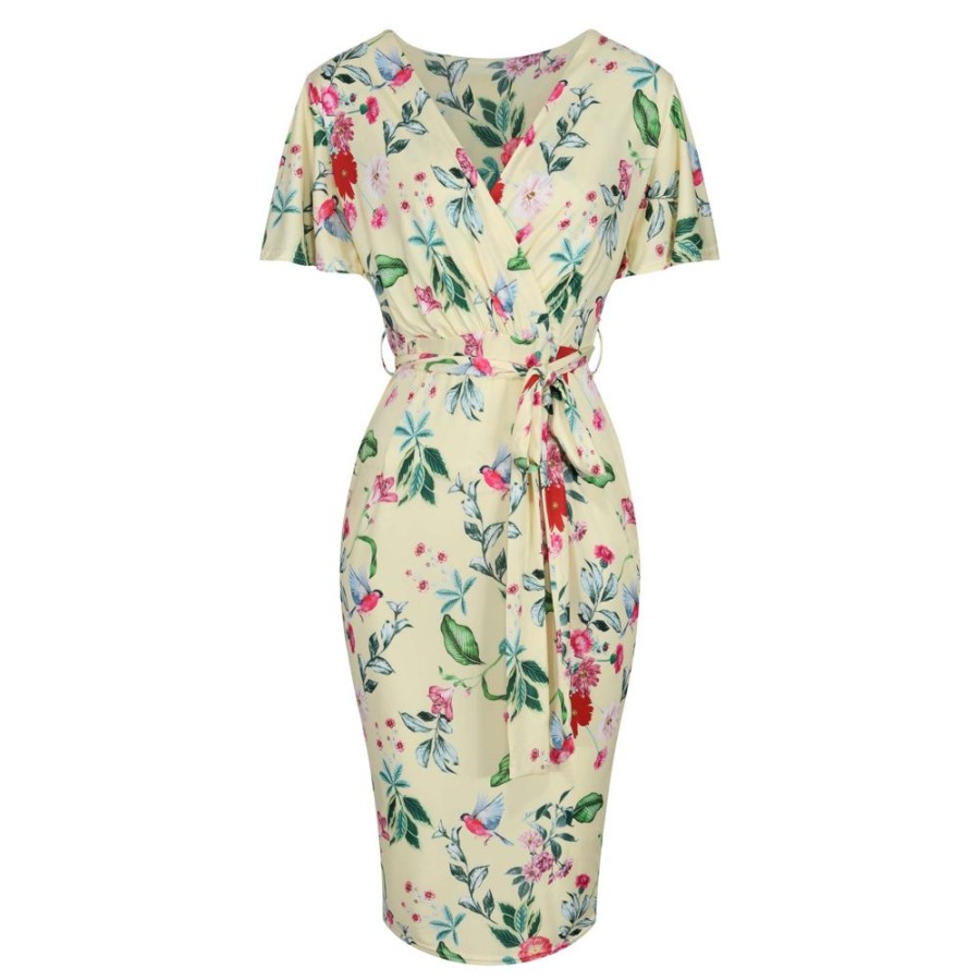 Pretty Kitty Fashion Pale Floral Print Waterfall Sleeve Crossover Pencil Dress | Party Dresses