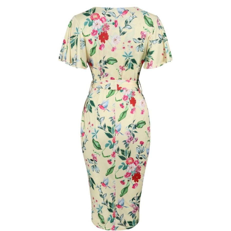 Pretty Kitty Fashion Pale Floral Print Waterfall Sleeve Crossover Pencil Dress | Party Dresses