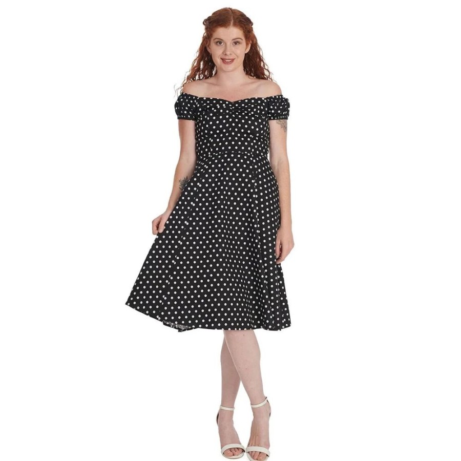 Pretty Kitty Fashion White Polka Dot Bardot Neckline Puff Sleeve 50S Swing Dress | Bardot Dresses