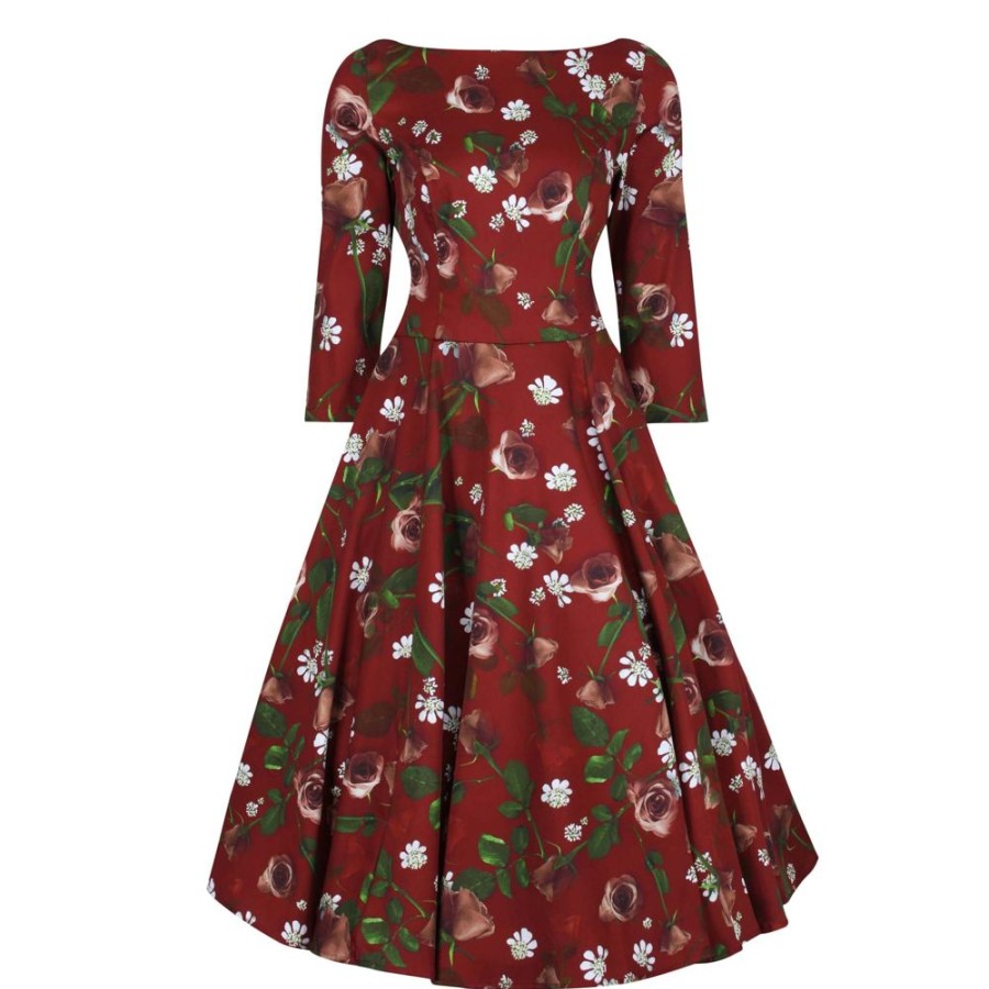 Pretty Kitty Fashion Wine Maroon Autumn Rose Print 3/4 Sleeve Retro Chic Dress | 50S Swing Dresses