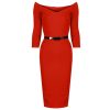 Pretty Kitty Fashion Wide V Neck 3/4 Sleeve Belted Bodycon Pencil Dress | Wiggle Dresses