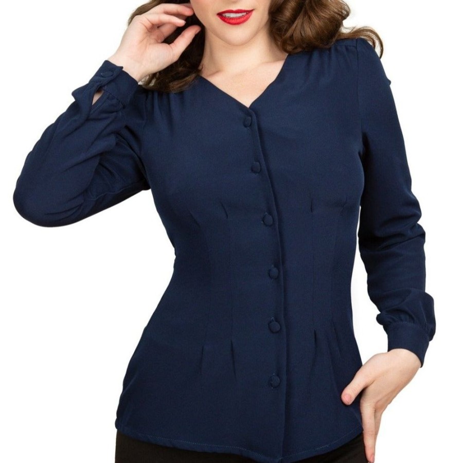 Pretty Kitty Fashion Navy Long Sleeve V Neck Blouse Top | Tops