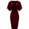 Pretty Kitty Fashion Red Claret Velour Half Batwing Sleeve Crossover Top Wiggle Dress | Velour Dresses