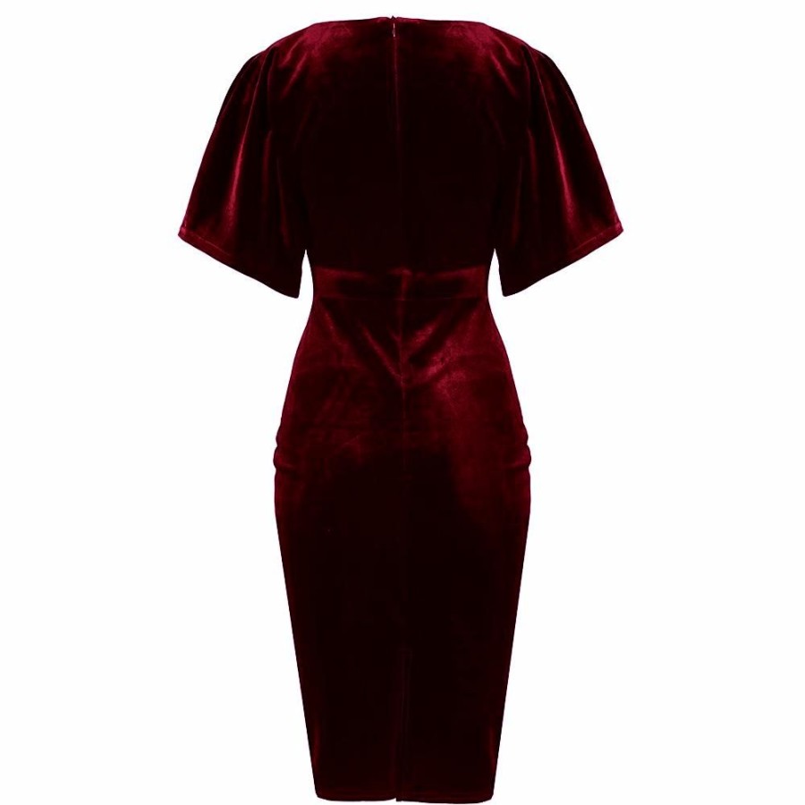 Pretty Kitty Fashion Red Claret Velour Half Batwing Sleeve Crossover Top Wiggle Dress | Velour Dresses