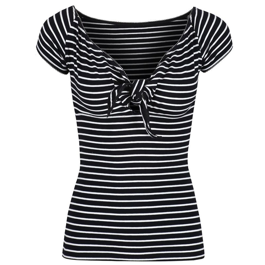 Pretty Kitty Fashion Black White Stripe Tie Front Short Sleeve Retro Top | Tops