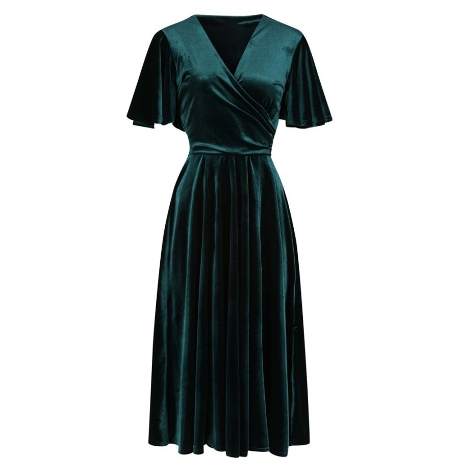 Pretty Kitty Fashion Emerald Velour Waterfall Sleeve Crossover Wrap Effect Swing Dres | 50S Swing Dresses