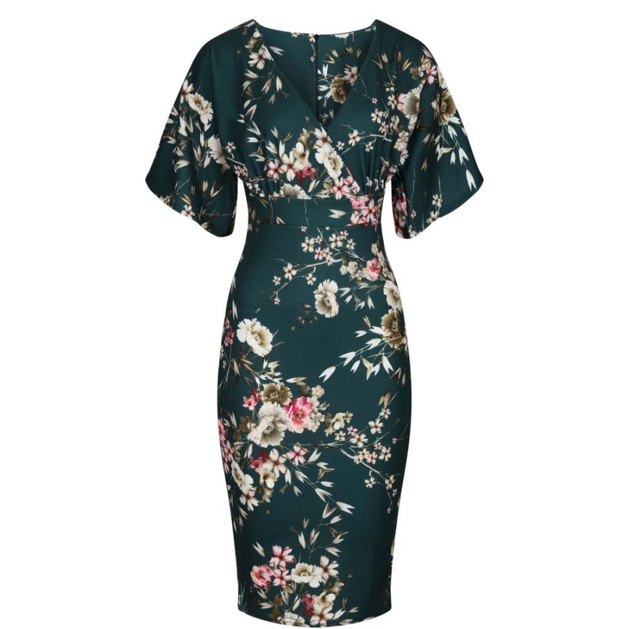 Pretty Kitty Fashion Forest Floral Half Batwing Sleeve Crossover Top Pencil Dress | Pencil Dresses