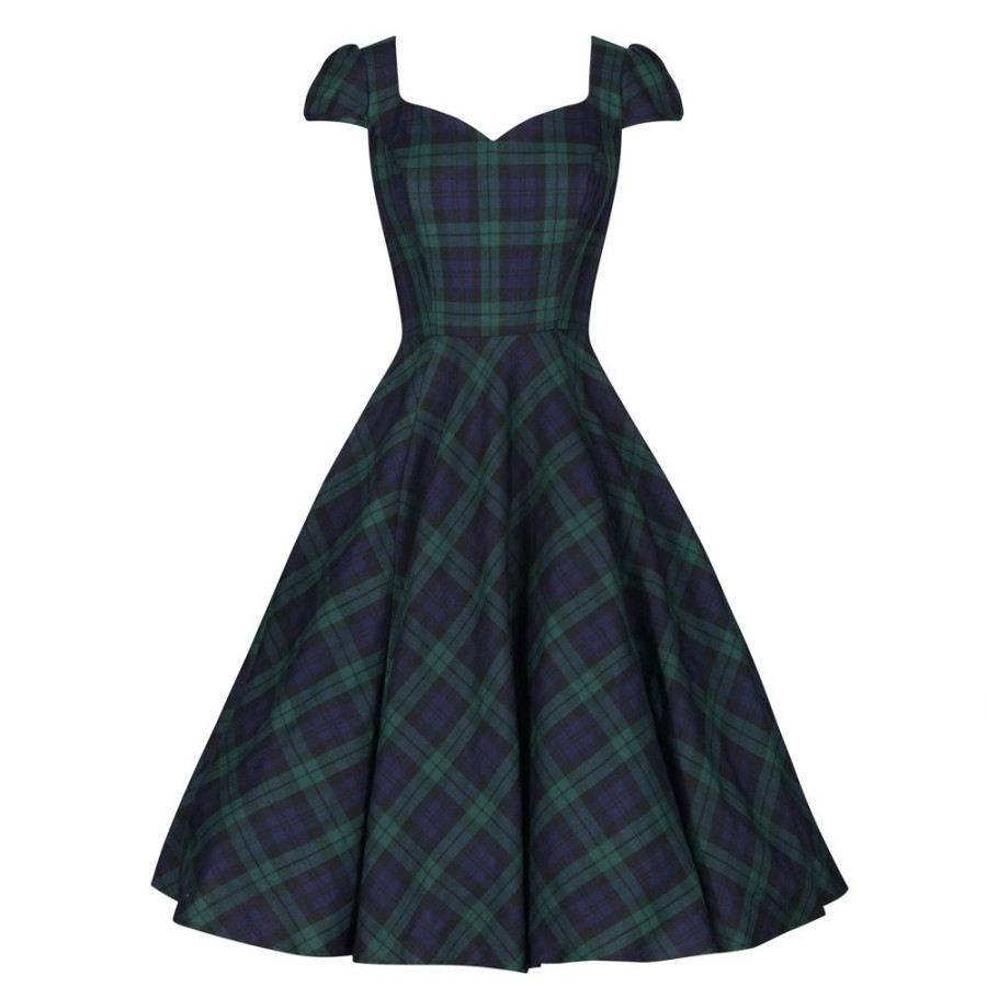 Pretty Kitty Fashion Green And Blue Woven Tartan Check Rockabilly Burns 50S Swing Dress | 50S Swing Dresses