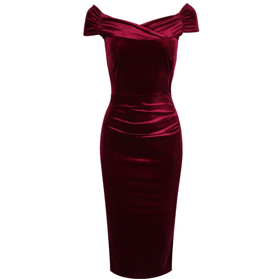 Pretty Kitty Fashion Claret Wine Velour Cap Sleeve Crossover Top Bardot Wiggle Dress | Bardot Dresses