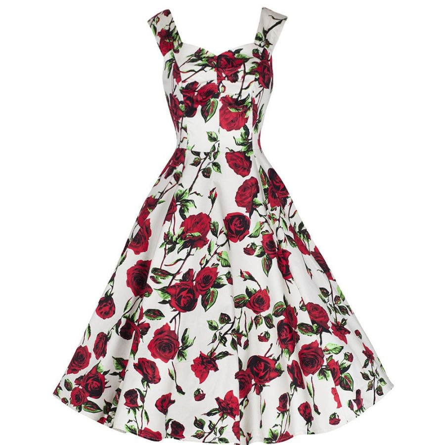 Pretty Kitty Fashion Ivory White And Red Rose Vintage Rockabilly Swing Dress | 50S Swing Dresses