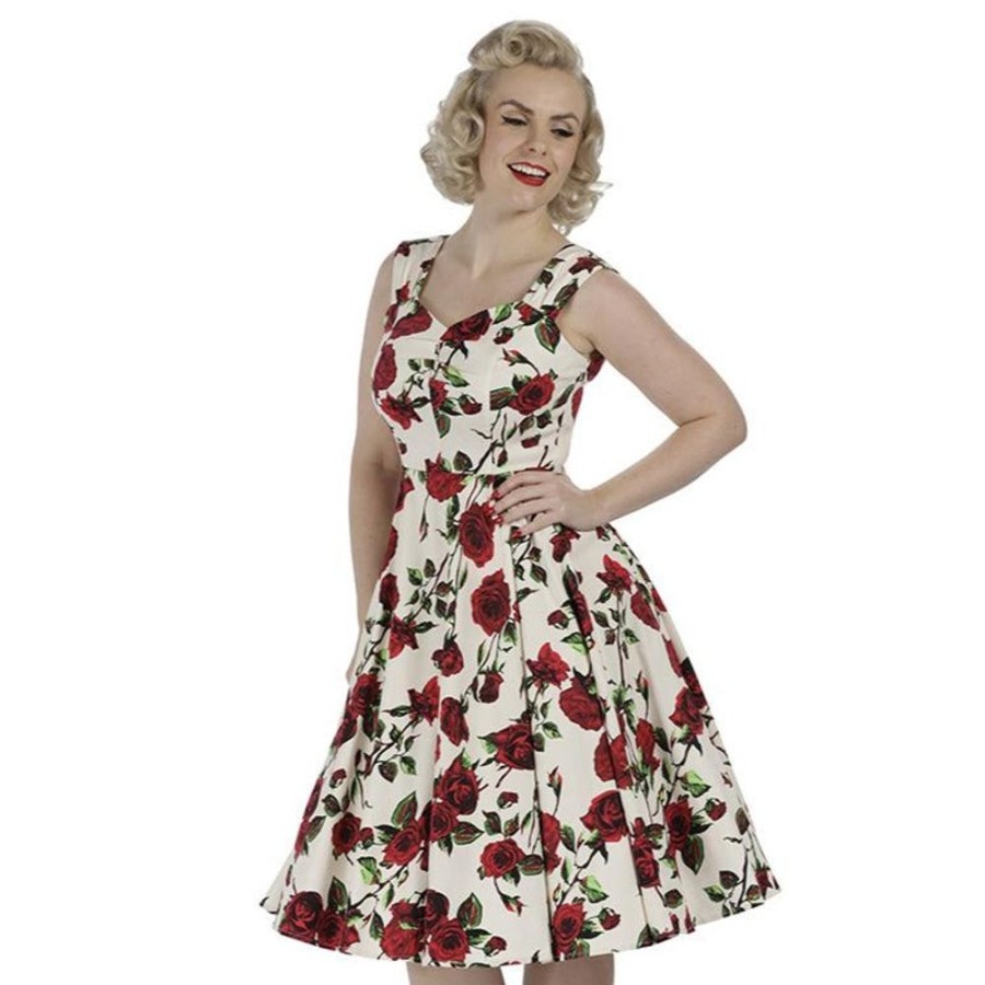 Pretty Kitty Fashion Ivory White And Red Rose Vintage Rockabilly Swing Dress | 50S Swing Dresses