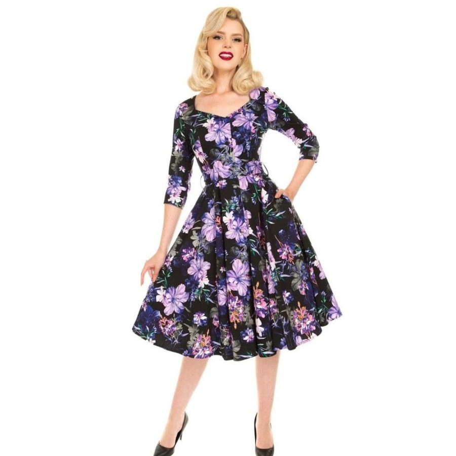 Pretty Kitty Fashion Purple Floral Print 3/4 Sleeve 50S Swing Tea Dress | Floral Dresses