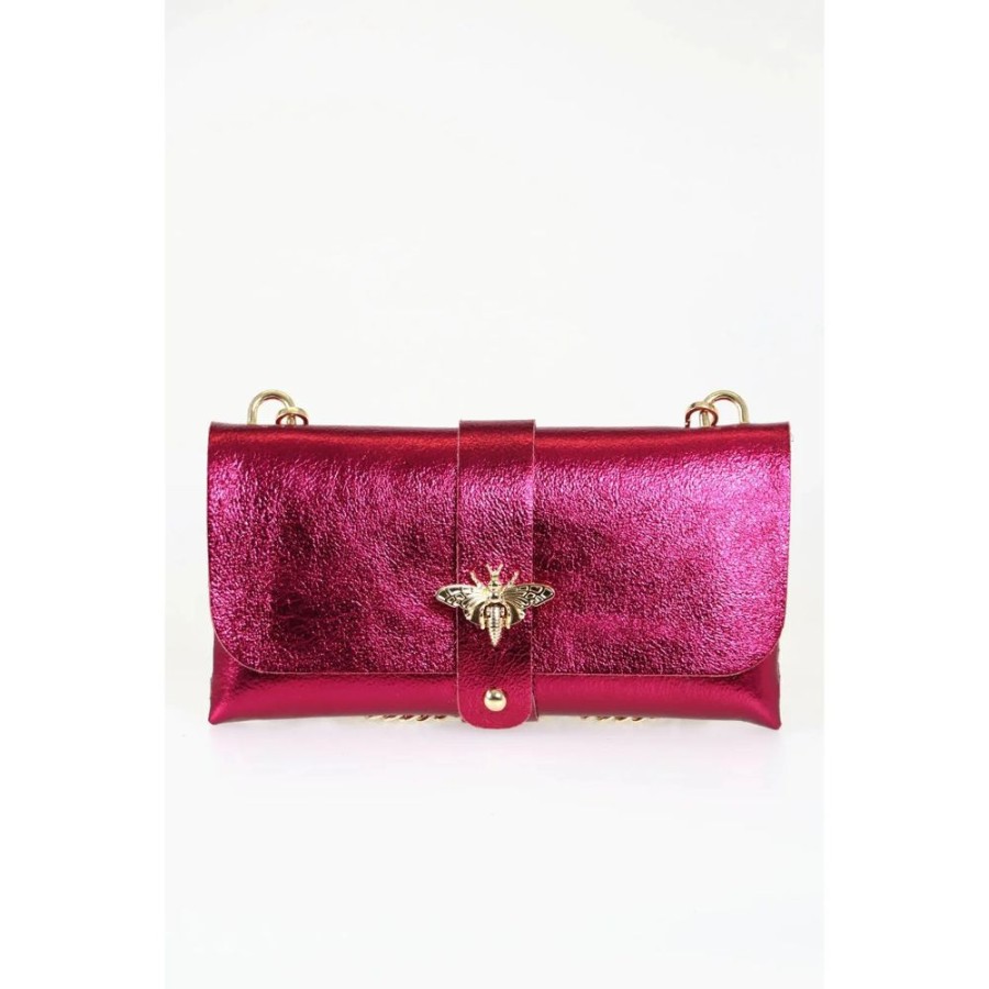 MSH Metallic Magenta Leather Clutch Bag With Gold Bee & Chain Strap | Bags & Purses