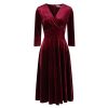 Pretty Kitty Fashion Claret Red Velour Deep V Wrapover 3/4 Sleeve Swing Dress | Velour Dresses