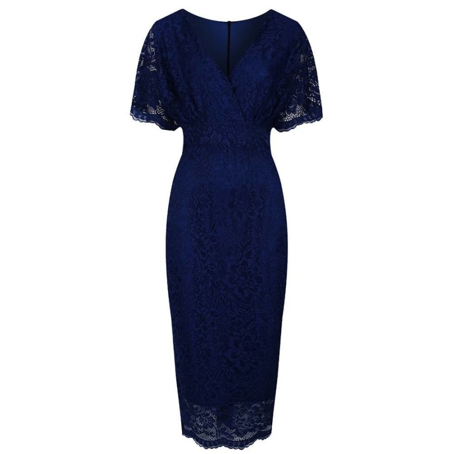 Pretty Kitty Fashion Blue Vintage Lace Detail Bodycon Midi Pencil Dress | Lace Dresses