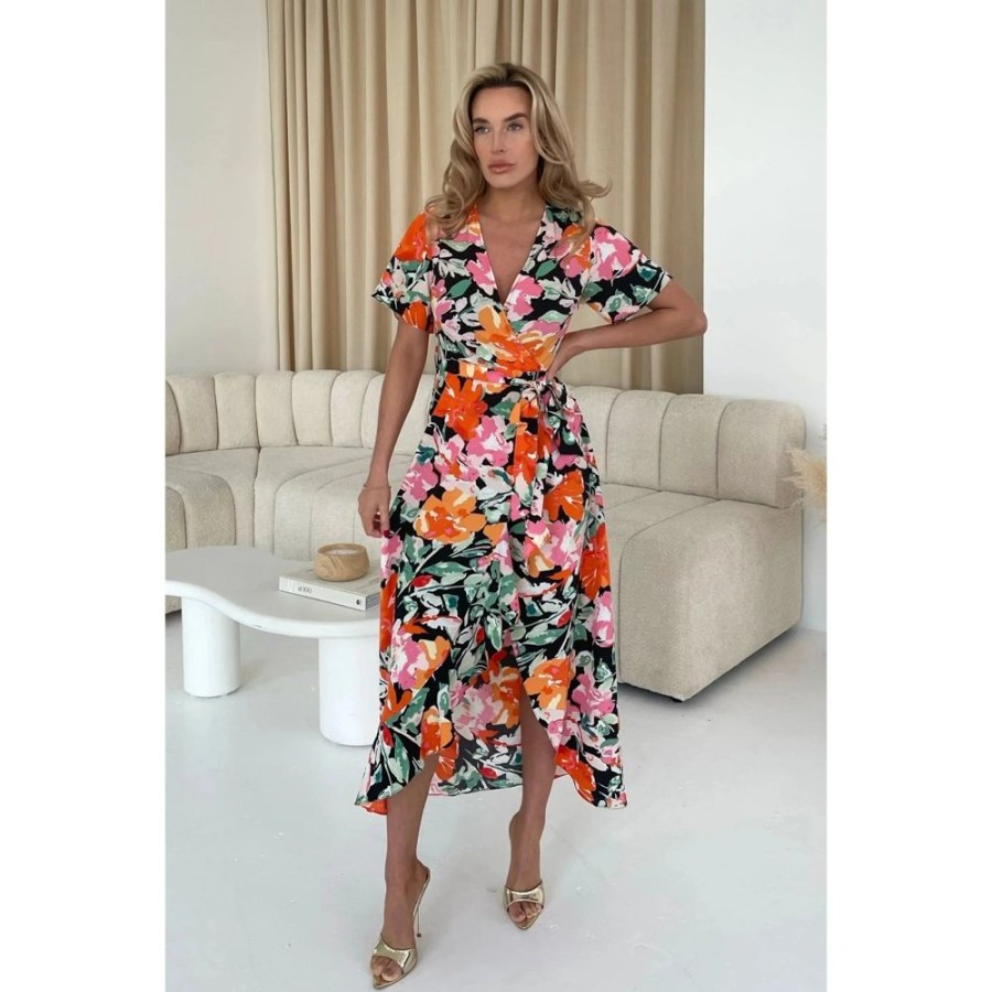 Girl in mind Multi Pink Orange Split Hem Frill Detail Tea Dress | Floral Dresses