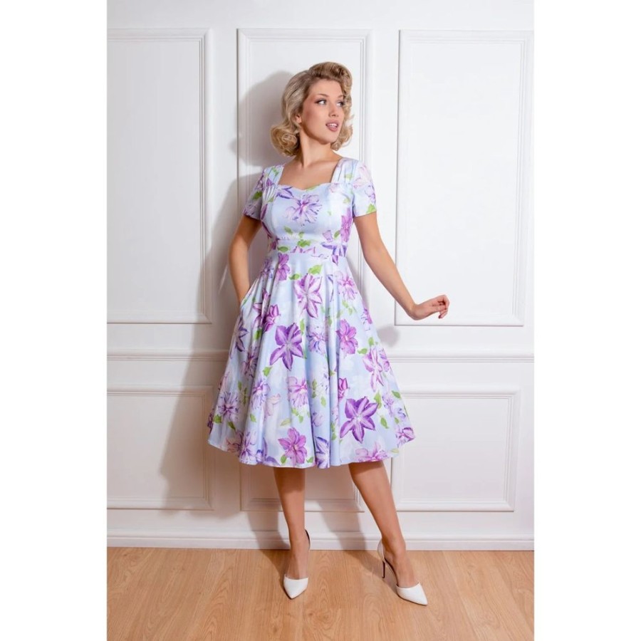 Pretty Kitty Fashion Sky And Purple Floral Short Sleeve 50S Swing Dress | 50S Swing Dresses