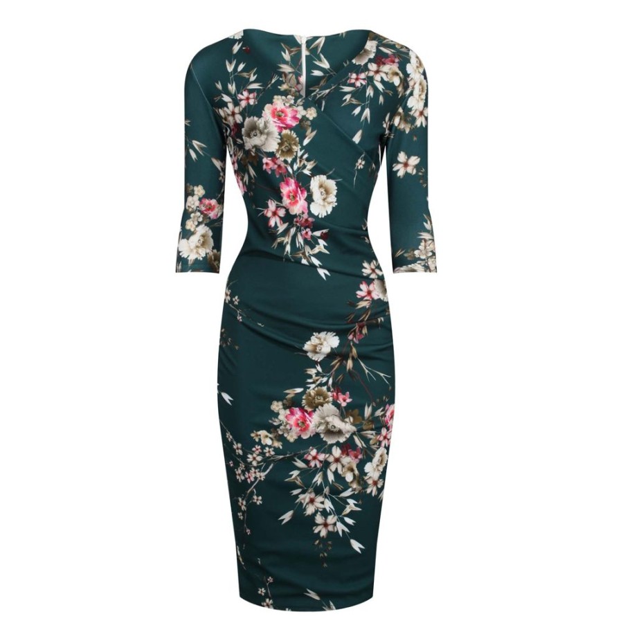 Pretty Kitty Fashion Forest Floral Print 40S 3/4 Sleeve Wiggle Wrap Dress | Pencil Dresses