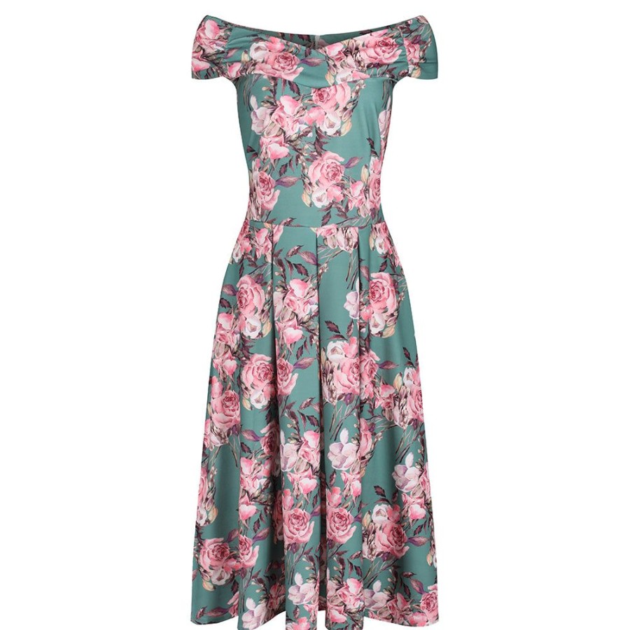 Pretty Kitty Fashion Floral Print Cap Sleeve Crossover Top 50S Swing Bardot Dress | Floral Dresses