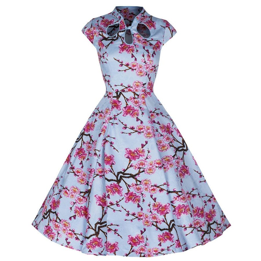 Pretty Kitty Fashion Sky Blue And Pink Floral Print 50S Swing Dress | Cocktail Dresses