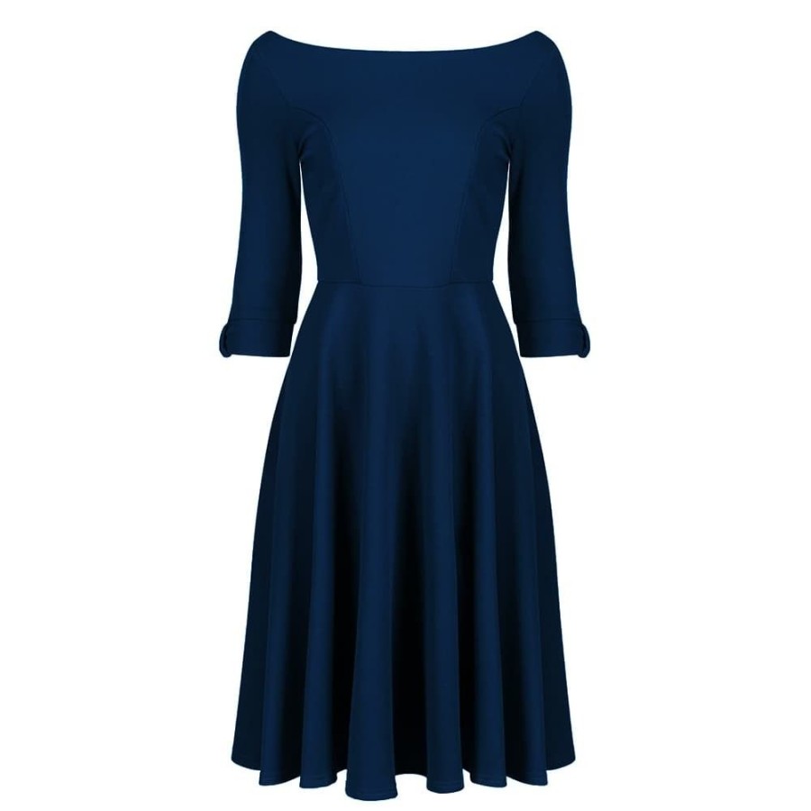 Pretty Kitty Fashion Navy 3/4 Sleeve Bardot Vintage Fit And Flare Midi Dress | 50S Swing Dresses