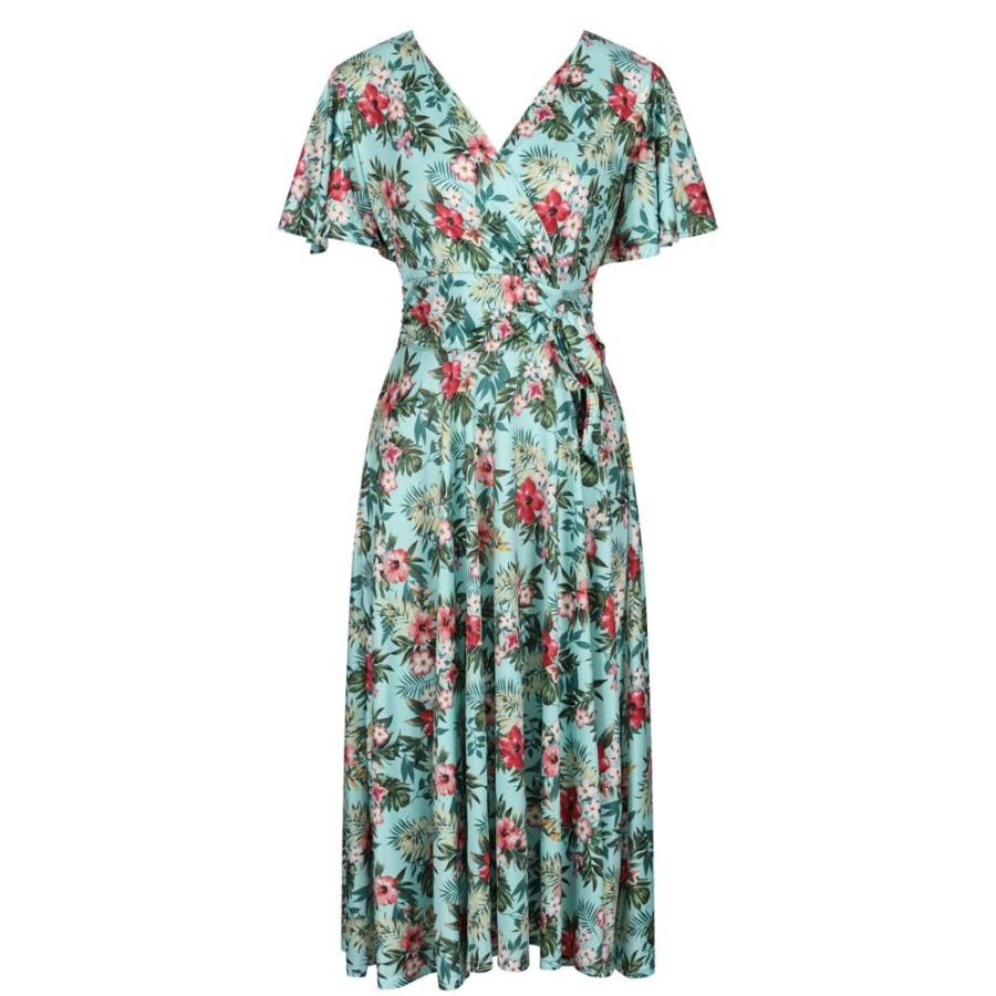 Pretty Kitty Fashion Mint Floral Print Cap Sleeve V Neck Wrap Top Swing Dress | Party Dresses