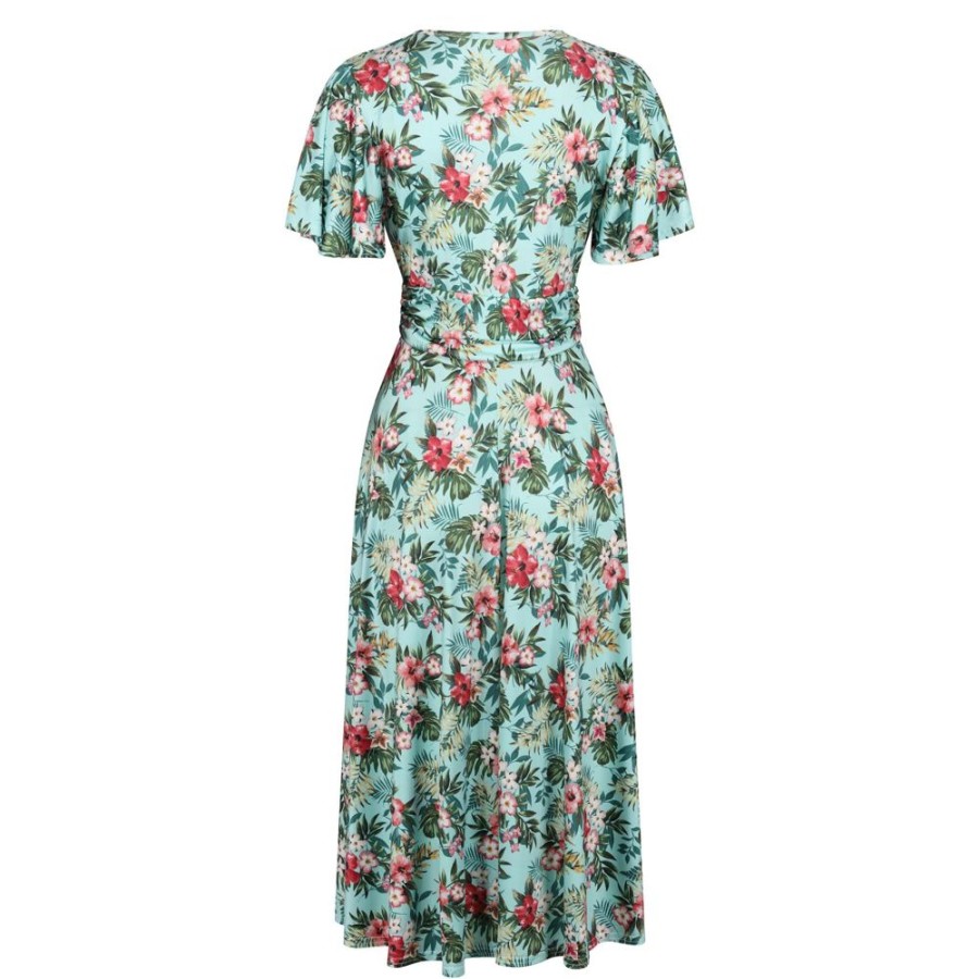 Pretty Kitty Fashion Mint Floral Print Cap Sleeve V Neck Wrap Top Swing Dress | Party Dresses