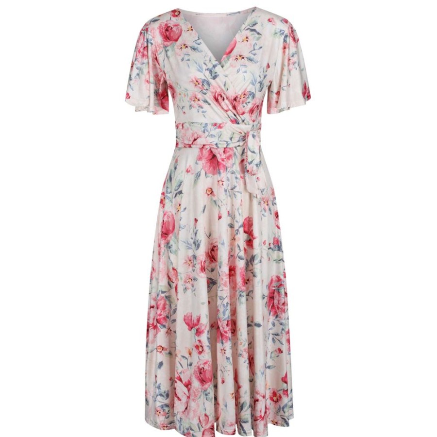 Pretty Kitty Fashion Pink Floral Print Cap Sleeve V Neck Wrap Top Swing Dress | Floral Dresses