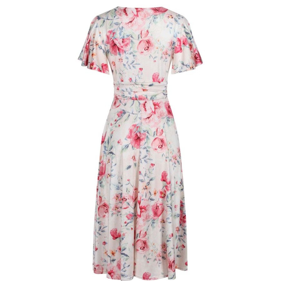 Pretty Kitty Fashion Pink Floral Print Cap Sleeve V Neck Wrap Top Swing Dress | Floral Dresses