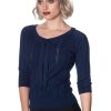 Pretty Kitty Fashion Dark Navy Vintage 3/4 Sleeve Knitted Tie Detail Top | Tops