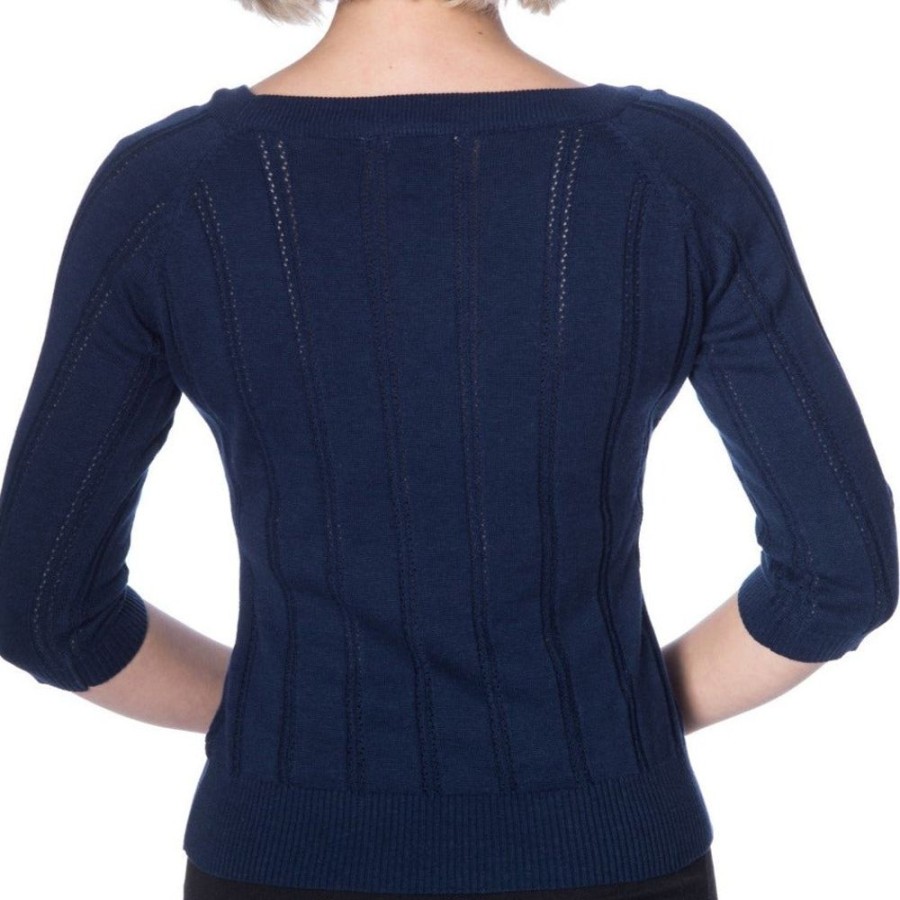 Pretty Kitty Fashion Dark Navy Vintage 3/4 Sleeve Knitted Tie Detail Top | Tops