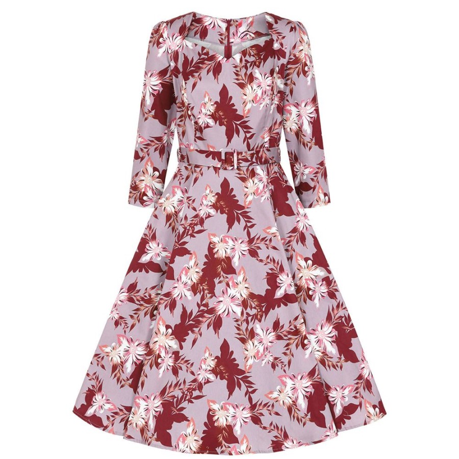 Pretty Kitty Fashion Floral Print 3/4 Sleeve 50 Swing Tea Dress W/ Sweetheart Necklin | 50S Swing Dresses