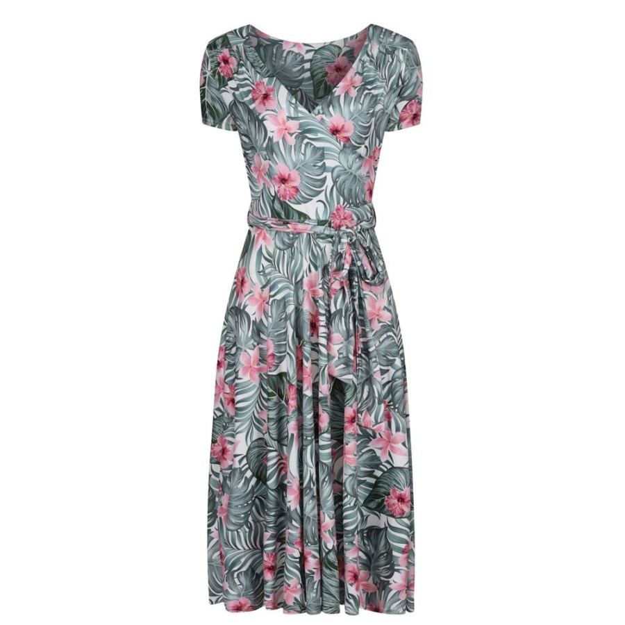 Pretty Kitty Fashion Tropical Floral Print Cap Sleeve Fit And Flare Midi Dress | 50S Swing Dresses