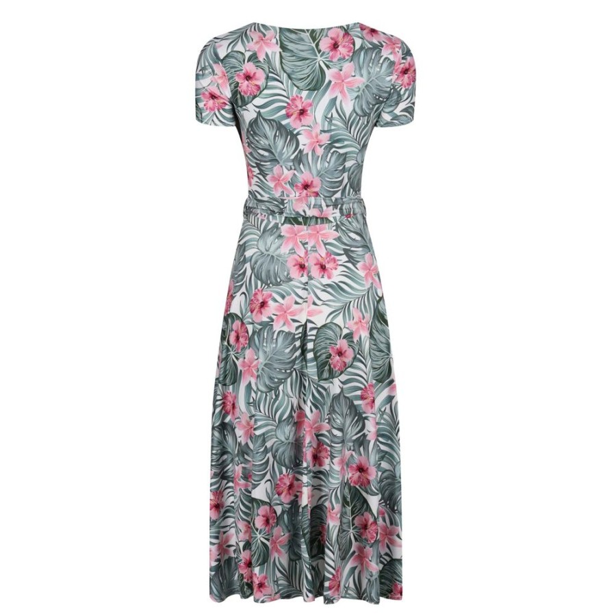 Pretty Kitty Fashion Tropical Floral Print Cap Sleeve Fit And Flare Midi Dress | 50S Swing Dresses